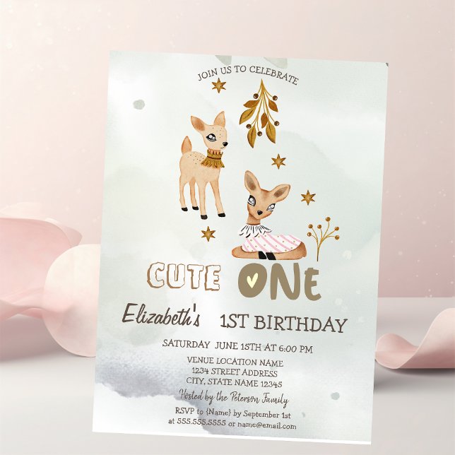 Convite Verde de Bebê Cervo Aquarela 1º Aniversári (Criador carregado)