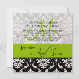 Convite Verde de Nomes de Monogramas de Damask de