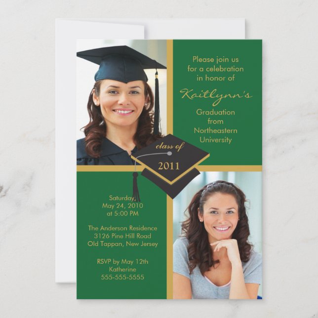 Convite verde & Dourado da graduação da foto (Frente)