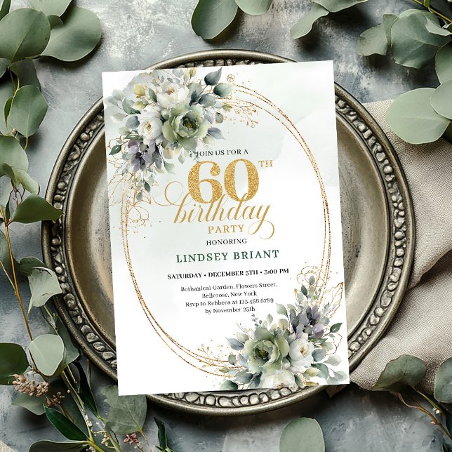 Convite Verde e Dourado de 60 Anos de Idade Botâni (Botanical 60th Birthday Green And Gold Invite

)