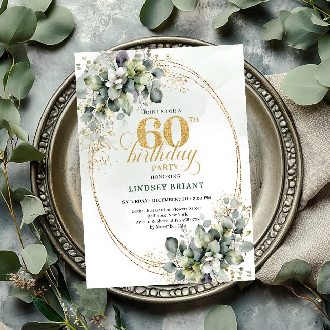 Convite Verde e Dourado de 60 Anos de Idade em Aqu (Watercolor 60th Birthday Green And Gold Invite

)