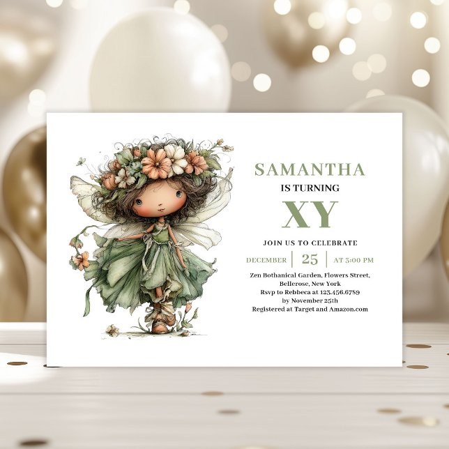 Convite Verde Empoeirado de Aniversário de Menina  (Magical Fairy Girl Birthday Dusty Green Invitation)