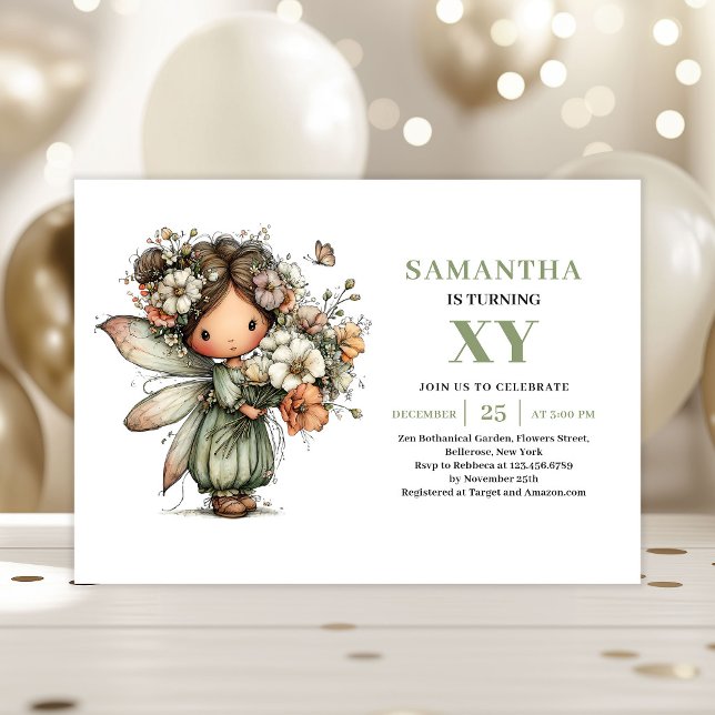 Convite Verde Empoeirado para 4º Aniversário da Ga (Whimsy Fairy Girl 4th Birthday Dusty Green Invitation)