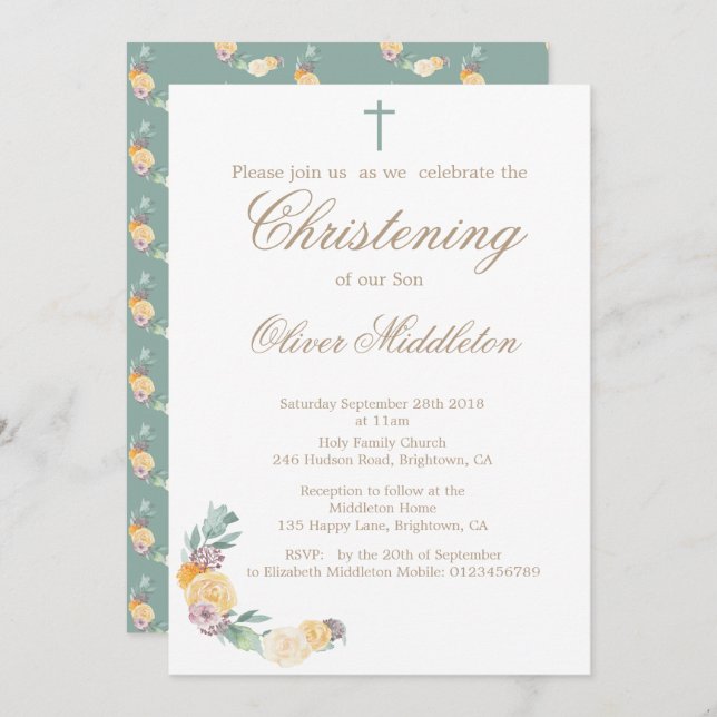 Convite Verde Floral para Christening ou Baptism (Frente/Verso)