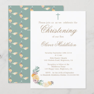 Convite Verde Floral para Christening ou Baptism