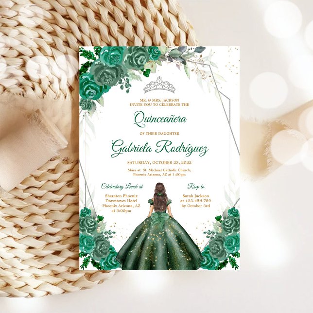 Convite Verde Floral Prata de Quinceañera (Criador carregado)