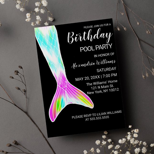 Convite Verde limão Rosa Sereia Piscina Aniversário M (Girly Pink Lime Green Mermaid Tail Pool Birthday M Magnetic )