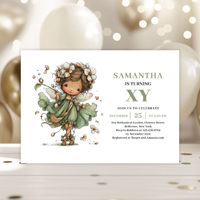 Convite Verde Musgo para Aniversário de Menina Fad (Cute Fairy Girl Birthday Sage Green Invitation)