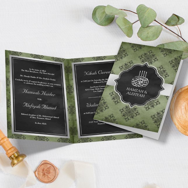 Convite Verde Oliva Prata Preto Damasco Casamento Muçulman (Criador carregado)