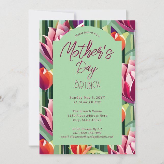 Convite verde para Brunch no Dia das Mães com Flor (Frente)