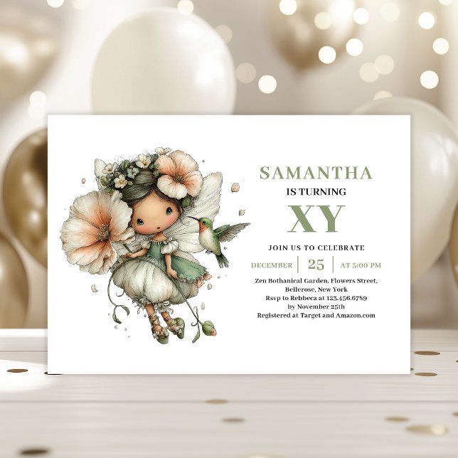 Convite Verde Poeira de Aniversário de Menina Fada (Cute Fairy Girl Birthday Dusty Green Invitation)