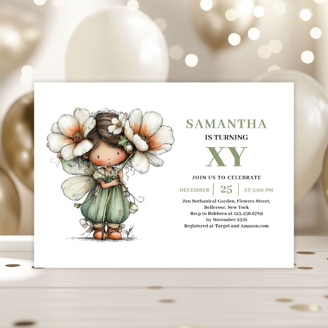 Convite Verde Sage para o 2º Aniversário da Menina (Cute Fairy Girl 2nd Birthday Sage Green Invitation)