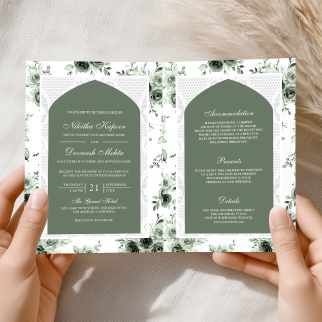 Convite Verde Salvia Floral Macacão de Renda para Casament (Criador carregado)
