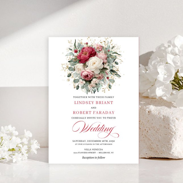 Convite Vermelho Carmesim Sofisticado Boêmio Branc (Sophisticated Bohemian Crimson Red White Invitation)