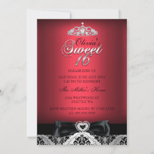Convite Vermelho Damask & Bow Sweet Sixteen