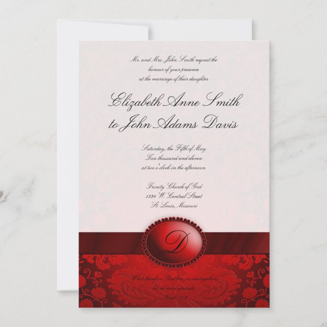 Convite vermelho do casamento tema damasco da fita (Frente)