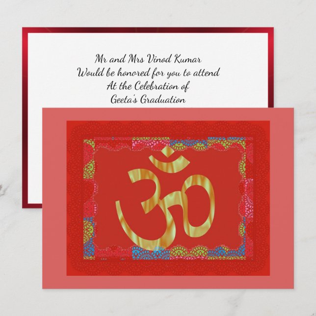 Convite vermelho e dourado da celebração hindu Om (Frente/Verso)