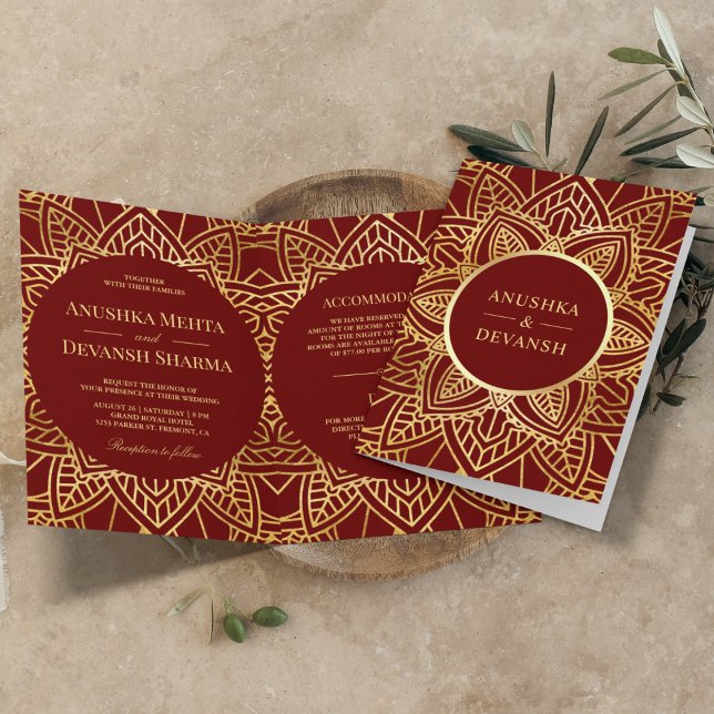 Convite Vermelho e Dourado Mandala Étnico Casamento Indian (Criador carregado)