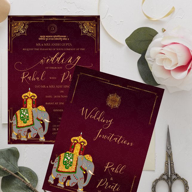 Convite Vermelho Vibrante Dourado com o casamento índio de (Vibrant Red Gold With Lord Ganesh Indian Wedding Invitation)