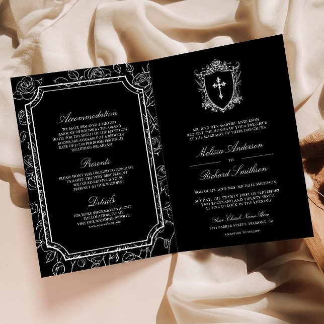 Convite Victorian Black Catholic QR Code Wedding (Criador carregado)