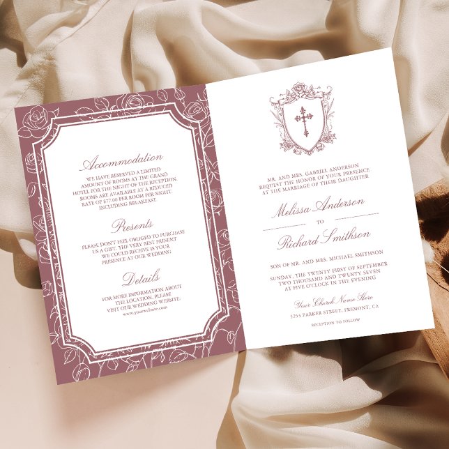 Convite Victorian Dusty Rose Catholic QR Code Wedding (Criador carregado)