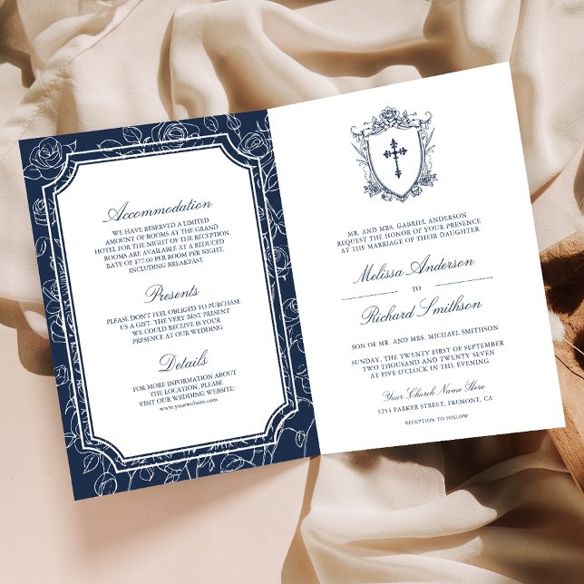 Convite Victorian Navy Blue Catholic QR Code Wedding (Criador carregado)