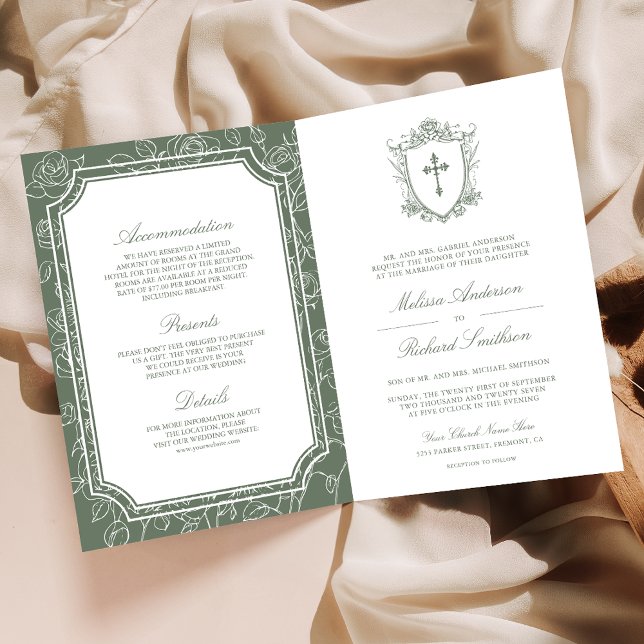 Convite Victorian Sage Green Catholic QR Code Wedding (Criador carregado)