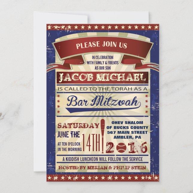 Convite VINTAGE BASEBALL Bar Mitzvah (Frente)