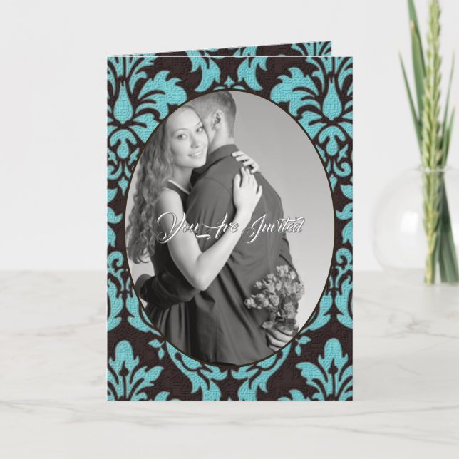 Convite Vintage Blue Damask Foto Casamento Bi-vezes (Frente)
