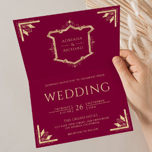 Convite Vintage Gold Crest Código QR Magenta Casamento