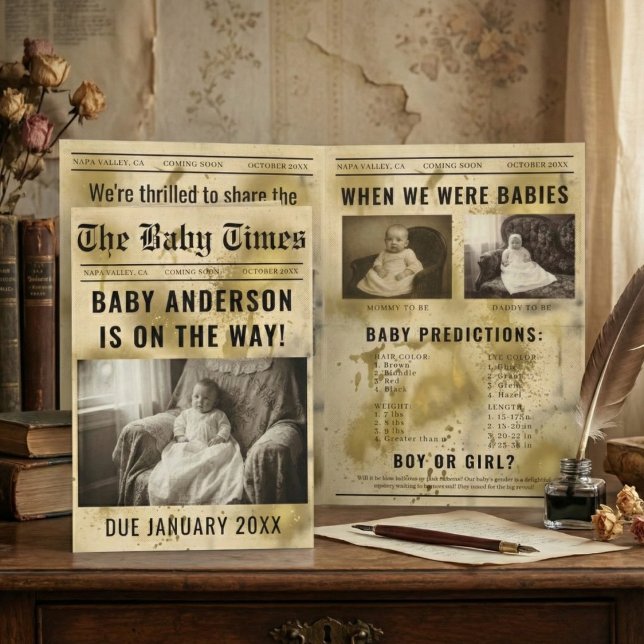 Convite vintage gold Newspaper Pregnancy Announcement (Criador carregado)
