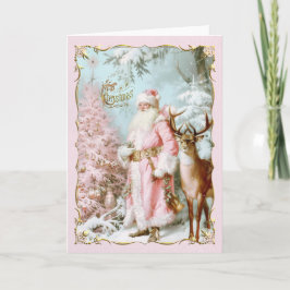 Convite Vintage Pink Santa Claus deer tree Christmas Card 