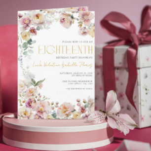 Convite Vintage Rosa Dourado Flores Velas 18º Aniversário 