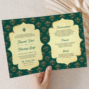 Convite Vintage Verde Teal Dourado Ornado Anand Karaj Casa