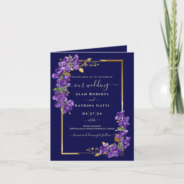 Convite Violet Floral Gold Frame Elegant Folded Invitation (Frente)