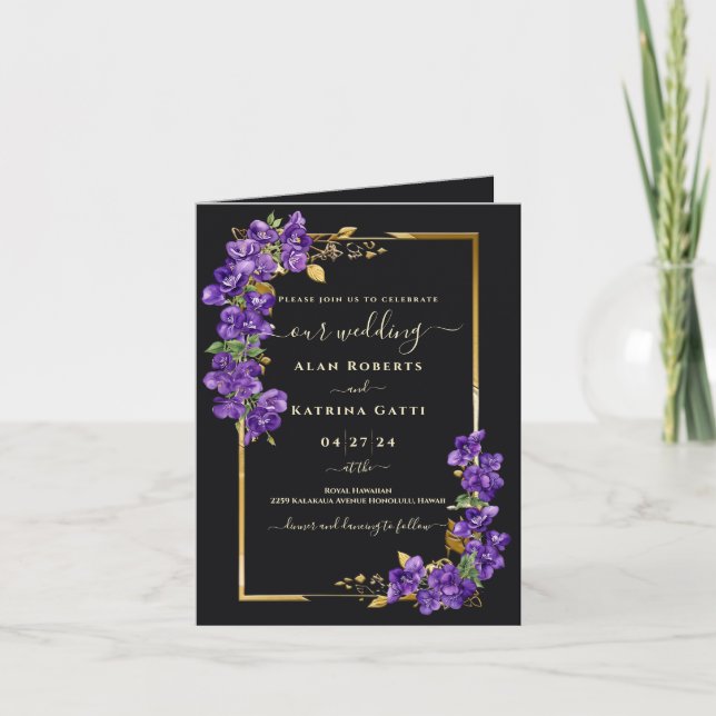 Convite Violeta Preto Clássico Floral Moldura Dourada Dobr (Frente)