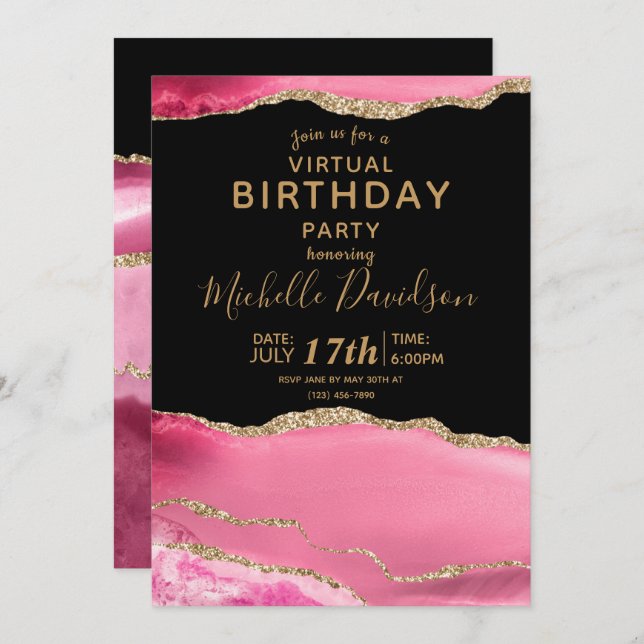 Convite Virtual de Aniversário Rosa e Dourado para (Frente/Verso)