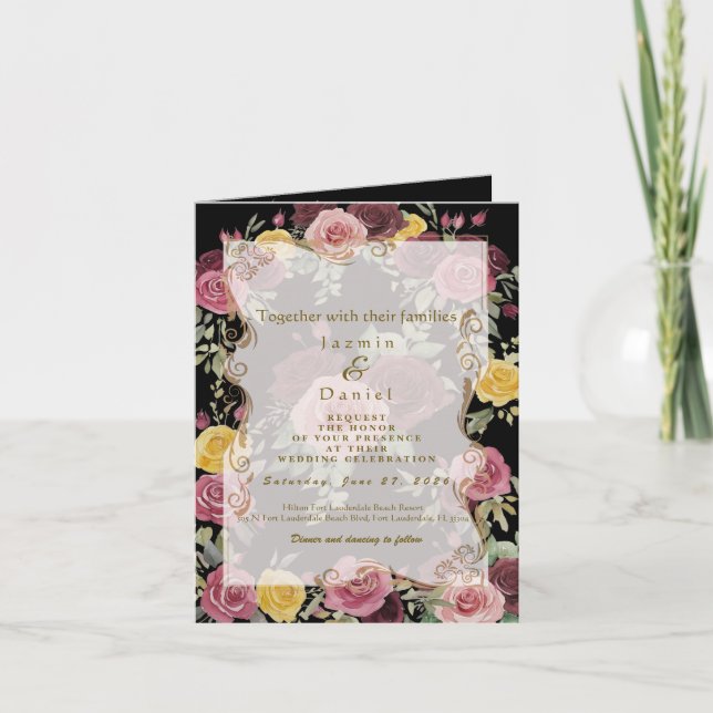 Convite Watercolor Dusty Burgundy Yellow Roses/Black (Frente)