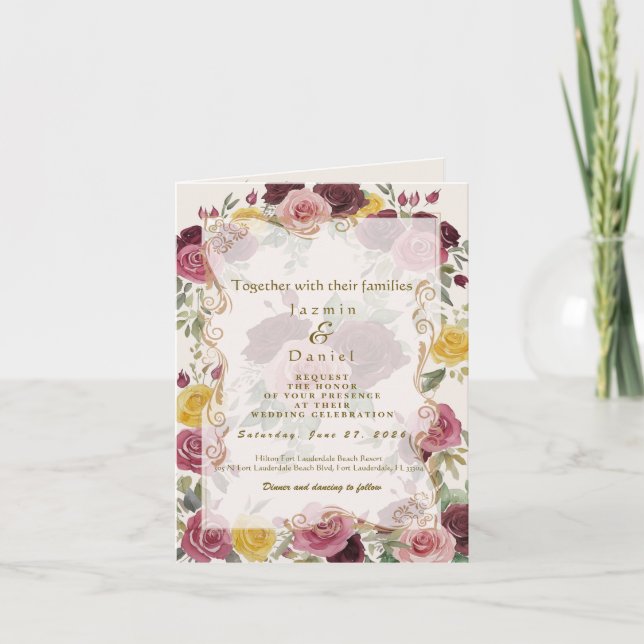 Convite Watercolor Dusty Burgundy Yellow Roses/Cream (Frente)