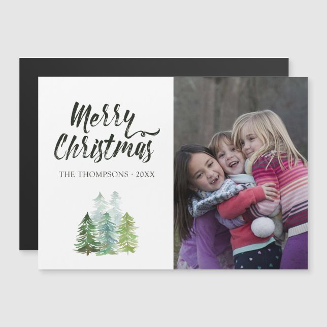 Convite Watercolor Pine Trees Foto de Natal (Frente/Verso)
