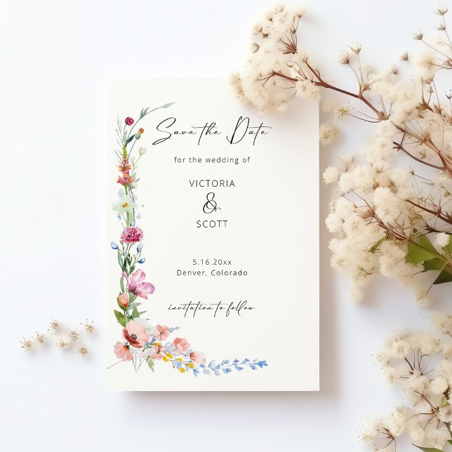Convite Watercolor Wildflower Calligraphy Save the Date (Criador carregado)