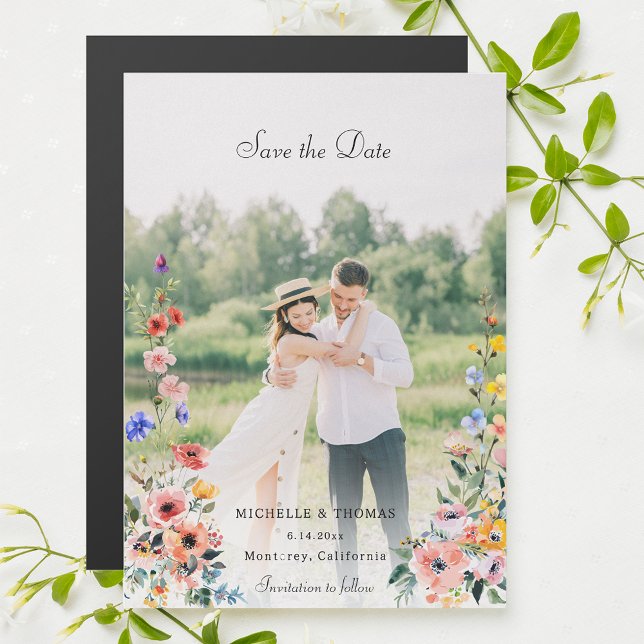 Convite Watercolor Wildflower Photo Save the Date (Criador carregado)
