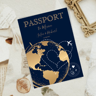 Convite Wedding Destination Passport Gold World Map Plane 