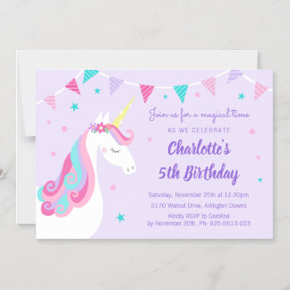 Convite Whimsic Rainbow Unicorn 5 Birthday Roxo