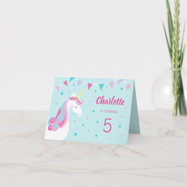 Convite Whimsic Rainbow Unicorn Aqua 5 Birthday (Frente)