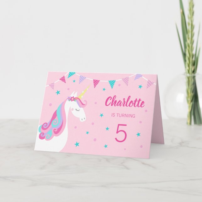 Convite Whimsic Rainbow Unicorn Pink 5 Birthday (Frente)