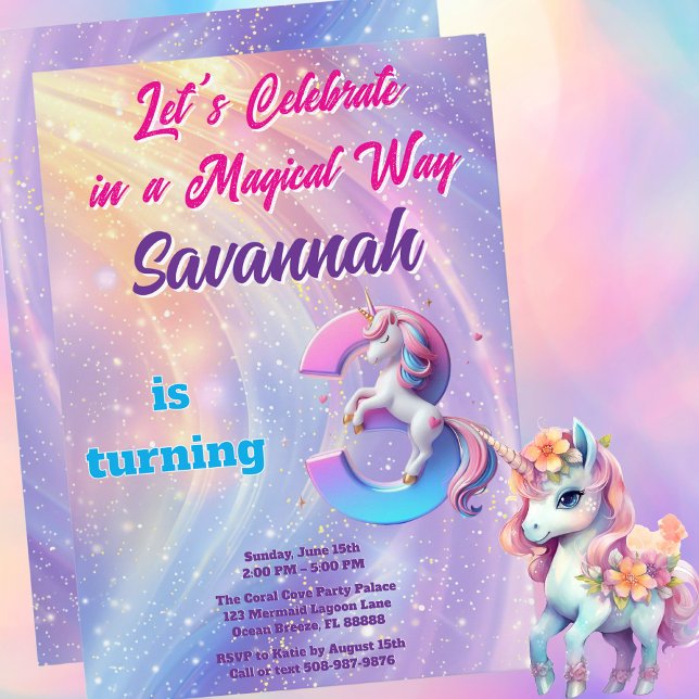 Convite Whimsical Rainbow Unicorn aniversário de 3 (Magical Unicorn Birthday Party Invitation)
