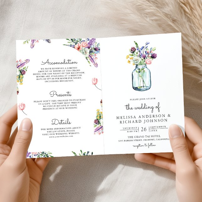 Convite Wildflower Mason Jar All in One QR Code Wedding (Criador carregado)