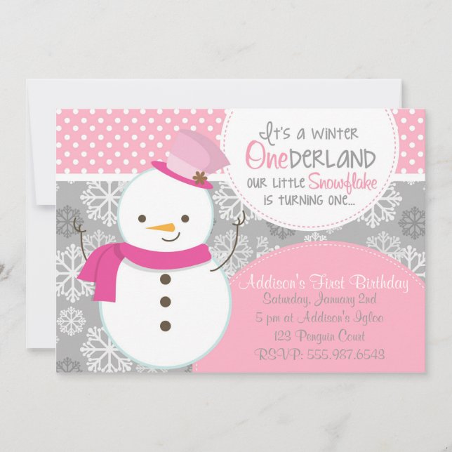 Convite Winter ONE derland Pink Snowman (Frente)