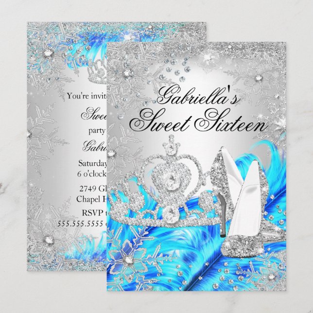 Convite Winter Sparkle Snowflake Blue Sweet 16 (Frente/Verso)